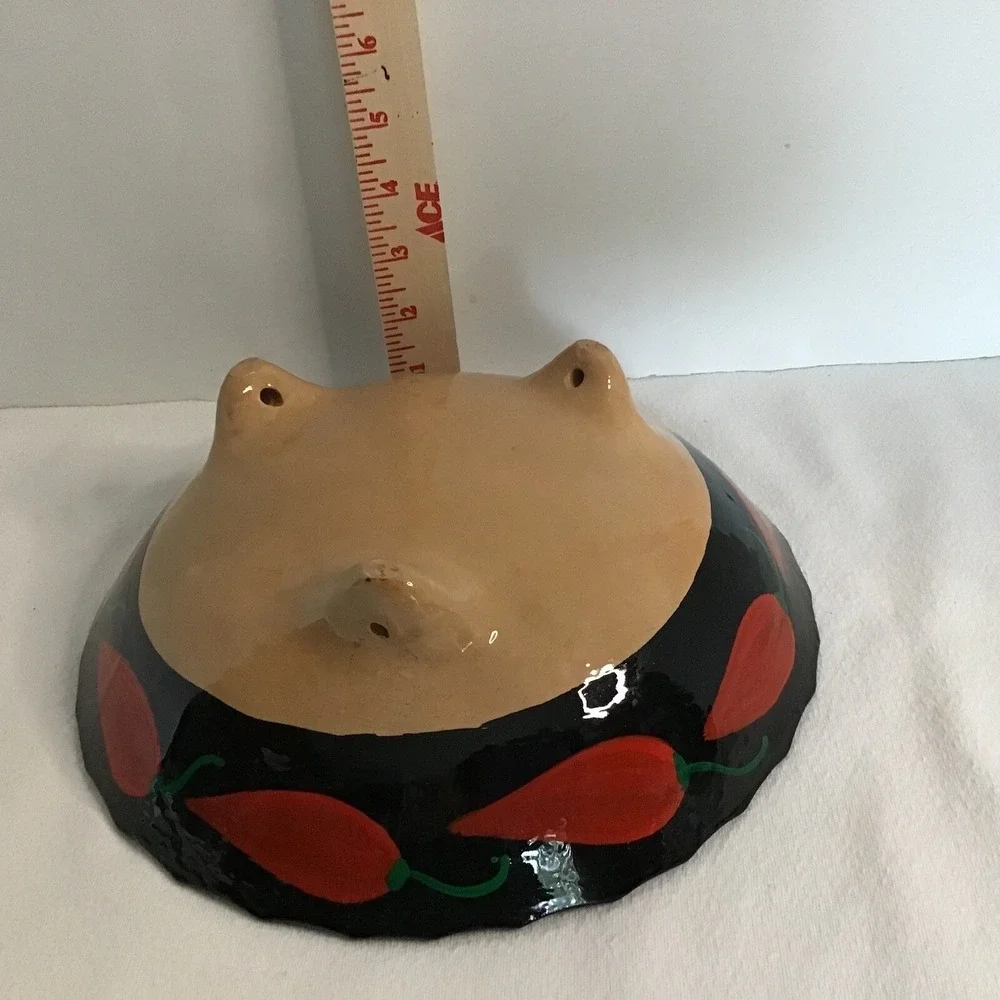 Vintage Mexican‎ Style Footed Bowl Hand Painted Red Chili Pepper Black Ceramic